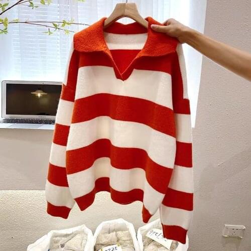 2021 Women Autumn Winter New Long Sleeve Casual Sweater Tops Female Pullovers Striped Jumper Ladies Warm Loose Knitted Tops R571