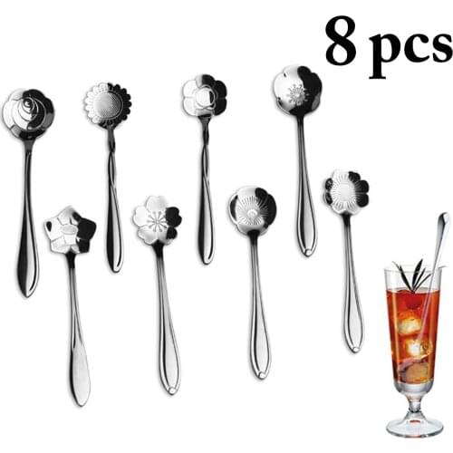 8Pcs/Set Flower Design Vintage Spoon Long Handle Dessert Tea Coffee Mixing Spoon Stainless Steel Teaspoons Drink Tableware Scoop