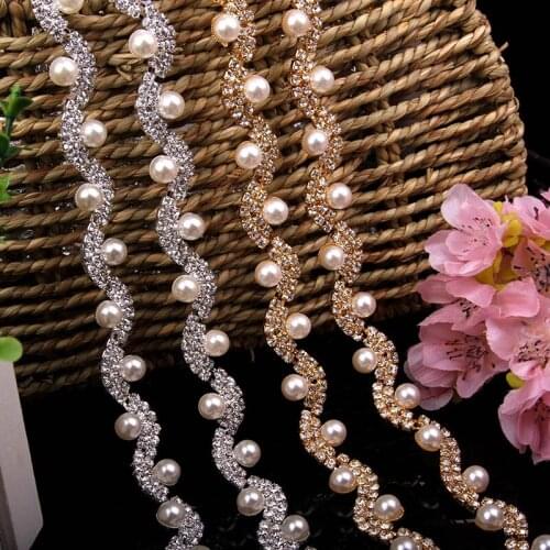 Free Shipping 5yards Rhinestone Pearl Chain Bridal Sash Rhinestone Applique, Wedding Applique,Rhinestone Trimming LSRT012
