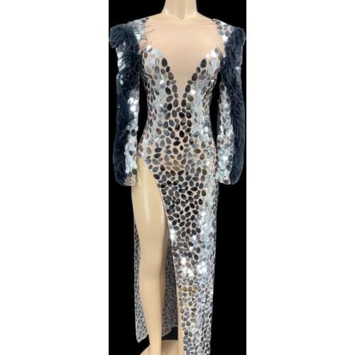 Sparkly Silver Sequins Black Feather Sleeve Long Dress Women Birthday Celebrate Party Dress Bar Singer Stage Dance Costume NYOOR