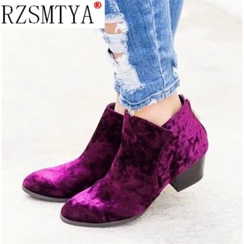 2021 Fashion New Women Autumn Winter Flock Ankle Boots Slip-on Round Toe Square Heel Solid Casual Booties Kopmkp Size 36-43