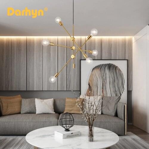 DARHYN Chandelier Lighting Model 6 Heads Nordic Wrought Iron Chandelier Plated Bronze Geometric Line Chandelier Bedroom