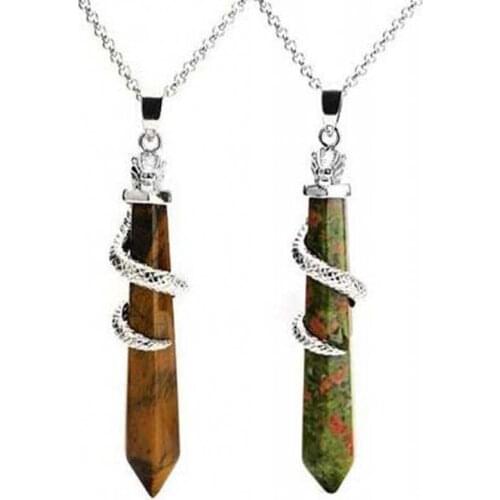 KFT Silver Plated Natural Amethysts Rose Pink Quartz Opalite Opal Crystal Reiki Stone Hexagon Prism Wrap Snake Pendant Necklace