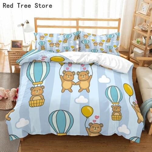 Animal Cartoon Bear Blue Bedding Set Kids Boy Child Bed Linen Single Double Twin Full Size Bedclothes Room Decor with Pillowcase