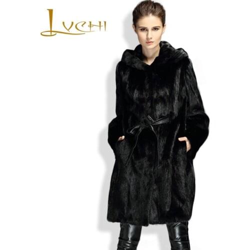 LVCHI 2019 Fashion Winter Long Thicker Coats Women With Fur Trim Hood Real Fur Full Sleeve Women Sashes Hat Full Pelt Mink Coat