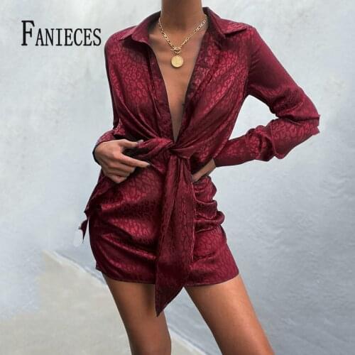 FANIECES Sexy Solid Stain Shirt Dress Women Long Sleeve Deep V Lapel Neck Lace Up Dresses Summer Gentle Ladies Party Top