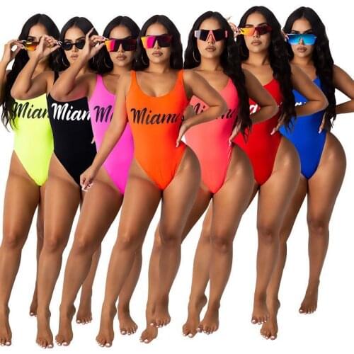 Sexy One Piece Swimsuit Solid Letter Miami Swimwear Women Backless Brazilian Monokini Bathing Suit XS-5XL Beachwear Swimsuits
