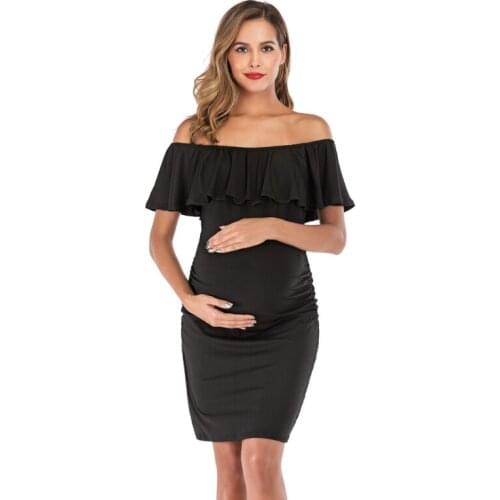 Maternity Dress Ruffle Slash Neck Solid Color One-line Collar Pregnant Mother Dress Plus Size Mommy Elegant Dress