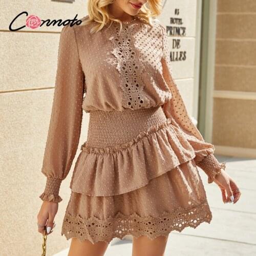 Conmoto elegant party chiffon lace dresses women hollow out short casual polka dot dress pink plus size dresses vestidos