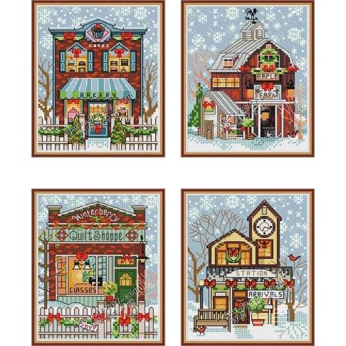 Everlasting Love Christmas Cottage Chinese Cross Stitch Kits Ecological Cotton Printed 14CT 11CT Wedding Decoration For Home