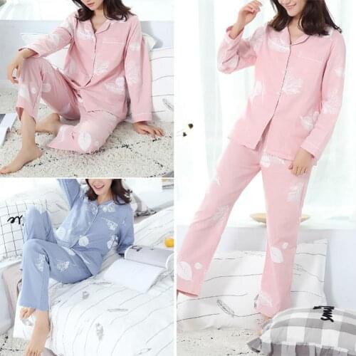 Women Summer Maple Leaf Print Long Sleeve Shirt Pants Cotton Sleepwear Pajama Set