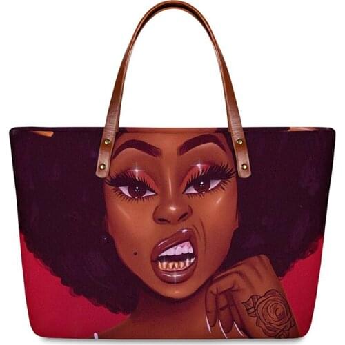 HYCOOL Women Hand Bag Rose Tattoo African Black Girl Print Female Shopping Walking Tote Bags Cute Diving Cloth Material Handbags