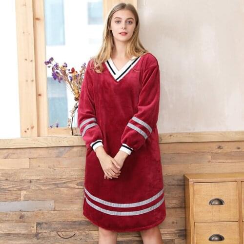 Ladies Coral Fleece Suit Girls Winter Warm Flannel Sleepdress Long Sleeve Homewear Female Plus Size Pull Over Nightgown D2123