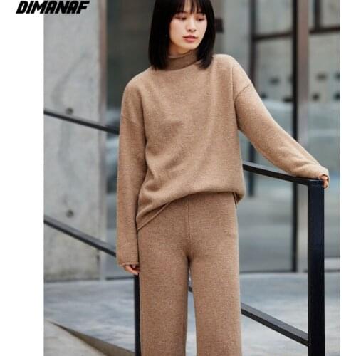 DIMANAF Women Sets Sweaters Long Sleeve Casual Female Knitting Pullover Turtleneck Pockets Long Pants Sets Suit Solid Sweaters