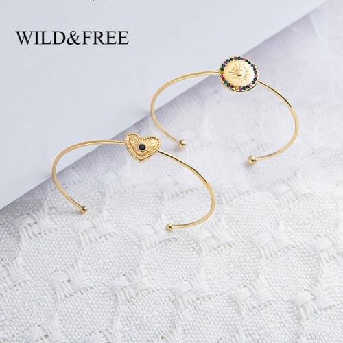 Wild & Free Women Open Bangles Stainless Steel Gold Heart Round Shape With Crystal Thin Circle Cuff Bangles Vintage Jewelry