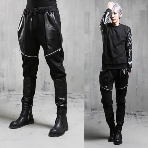 27-44 2017 New mens clothing singer Performing Spell leather casual harem pants trousers plus size costumes
