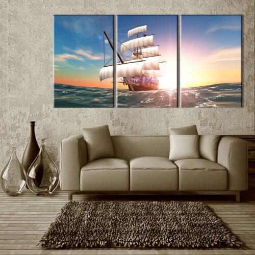 3 Modular paintings sea sun sailboat couple high-quality decorative canvas oil painting decoration