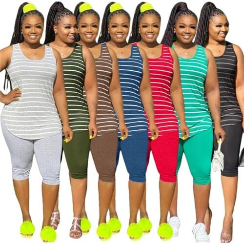 5XL Plus Size Tracksuit Women Two Piece Set Summer Clothes Striped Sleeveless Tank Tops Biker Shorts Suits Womens Sets Outfits