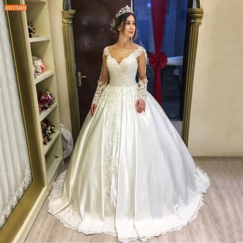 White V Neck Wedding Dress Lace Appliqued Beaded Satin Ball Gown Bridal Dresses Long Sleeves Custom Made 2020 Vestidos De Novia