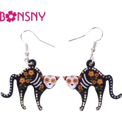 Bonsny Acrylic Halloween Mysterious Cat Kitten Earrings Big Long Drop Dangle Animal Cartoon Jewelry For Women Girls Kids Bulk