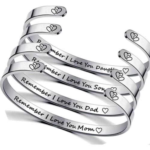 Stainless Steel Open Cuff Bracelet Bangle for Women Men I Love You Dad Mom Son Daughter Letter Engraving Bangle Birthday Gift