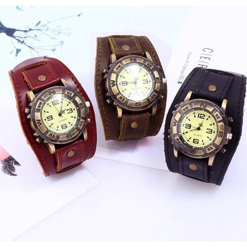Watch Vintage Retro Big Wide Genuine Leather Strap Watch Men Quartz Cuff Wristwatches Bracelet Bangle relogio masculino Clock