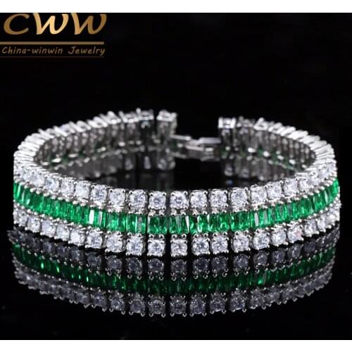 CWWZircons High Quality Silver Color Round And Square CZ Green Crystal Big Bangles Bracelet For Women Holiday Gift Jewelry CB143