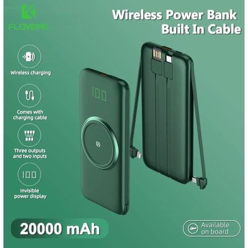 FLOVEME 20000mAh Power Bank Wireless Portable Charger For iPhone 12 11 8 Xiaomi 10000mAh PowerBank External Battery With 4 Cable