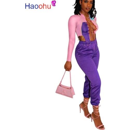 HAOOHU Street Sweatsuit party Womens Set Lace Up Crop Tops + joggers Pants Tracksuit Two Piece sets Fitness Outfit
