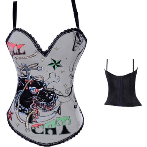 Sexy Punk Floral Print Waist Trainer Corsets With Straps Women Slim Push Up Victorian Corselet Overbust Burlesque Party Corset