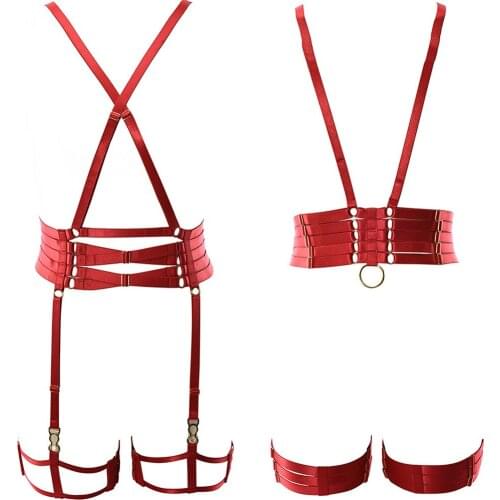 Red Harness Bodysuit Women Sexy Bondage Lingerie Set Goth Stockings Garter Rave Adjustable Body Cage Bra Elastic Body Harness
