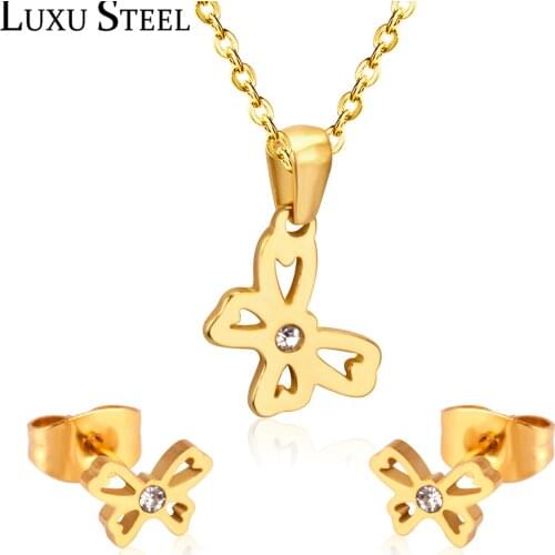 LUXUSTEEL 2020 Fashion Butterfly Earrings With CZ Gold Color Pendant Necklace Women Girl Choker Necklace Party Female Wholesale