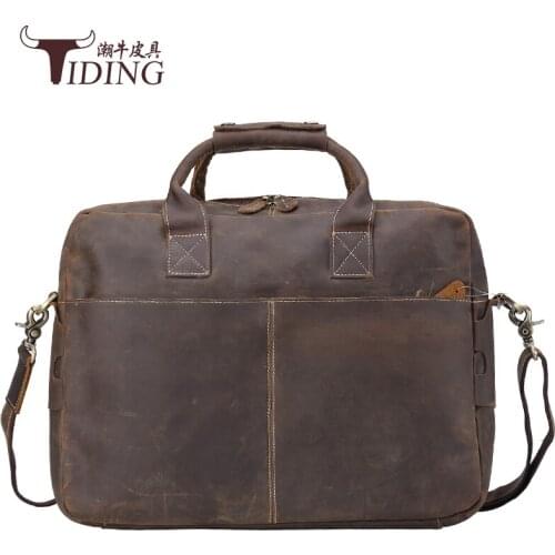 Men briefcases cow leather 2017 man fashion brand brown business casual vintage real leather handbags male 16" laptop bags
