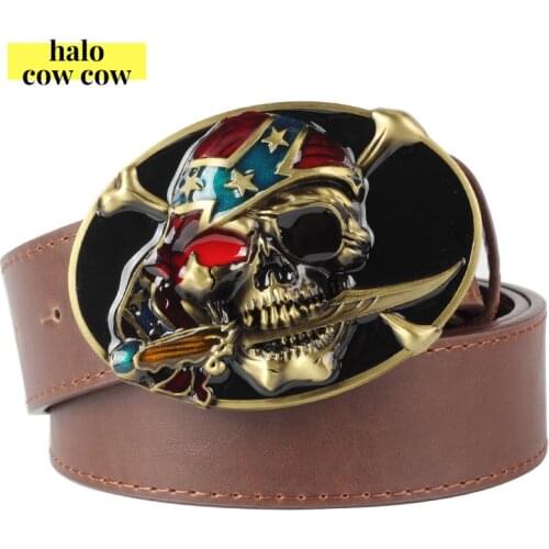 Men Hip-hop Double Knife Pirate Skull Buckle Belts for Mens Punk Alloy Smooth Buckle Belt