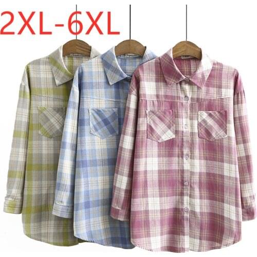New ladies autumn winter plus size tops for women large blouse long sleeve loose cotton pocket pink plaid shirt 3XL 4XL 5XL 6XL