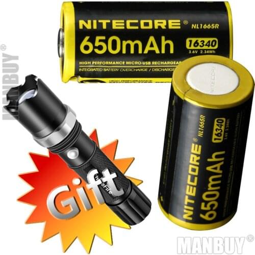 Wholesale NITECORE Built-in USB Charge Port Rechargeable Li-ion Battery NL1665R 2Pieces 650mAh 16340 CR123 3.6V +Gift Flashlight