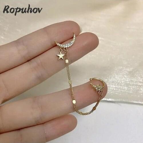 Ropuhov 2021 New Korean Fashion Gift Woman Silver Simple Ear Bone Clip Net Luxury Moon Star Chain Hanging Bling Wholesale