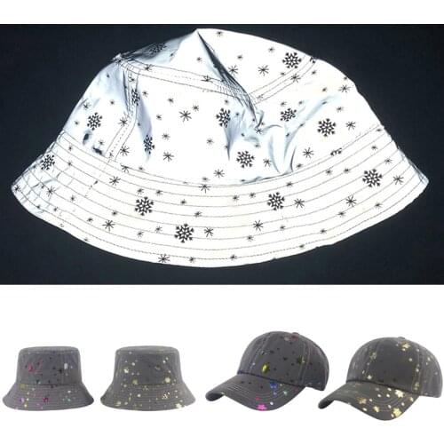 Cool Night Luminous Reflective Bucket Hats Baseball Cap Lightweight Breathable Glitter Snowflakes Sun Caps for Women Men