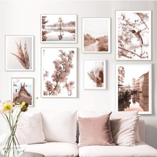 Boho White Pink Cherry Blossom Dried Flowers Lake Town Canvas Paintings Wall Art Print Poster Picture Living Room Home Decor