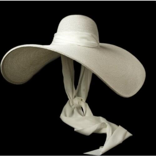 Women White 25cm OVERSIZED Sun Hat Soft Silk Ribbon Tie Wide Brim Floppy Hat Giant Beach Straw Hat Summer Kuntucky Derby Hat Cap