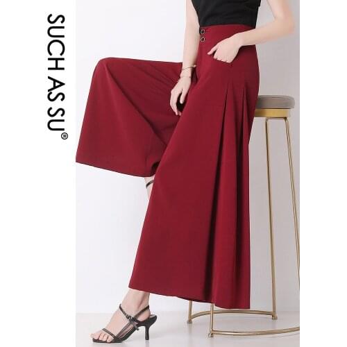 Spring Autumn Full Length Trousers Women 2021 Black Blue Red High Waist Wide Leg Pants S-3XL Size Loose Office Lady Culottes