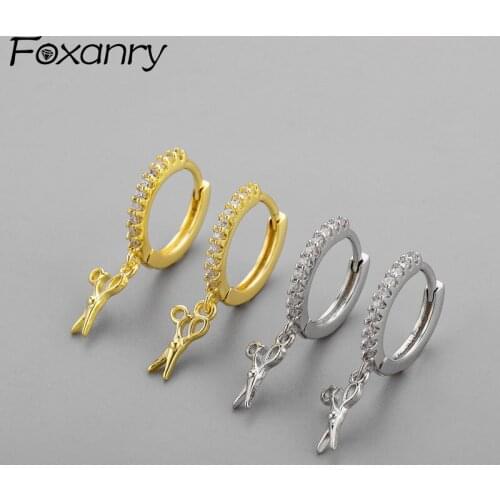 Foxanry Prevent Allergy 925 Sterling Silver Hoop Earrings for Women Trend Elegant Sparkling Zircon Scissors Design Bride Jewelry