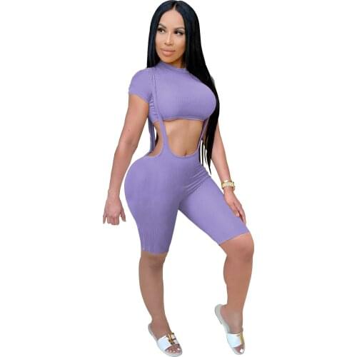 Knitted Ribbed Two Piece Set Women Short Sleeve Crop Top Biker Shorts Overalls Lounge Wear Jogger Tracksuit Matching Sets