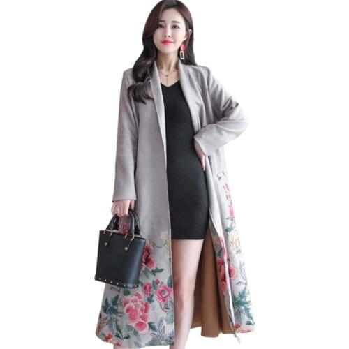 Women spring autumn printing fashion trend coat with belt plus size 3XL