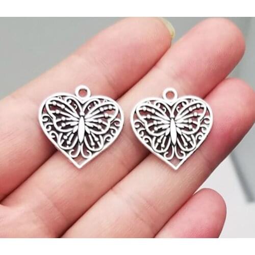 20pcs/lot--22x22mm, heart cham,Antique silver plated heart butterfly charms,DIY supplies,Jewelry accessories
