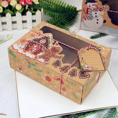 3pcs Mixed Style Christmas Gifts Boxes With Clear Window Brown Kraft Paper Cookie Candy Box Bags For New Year Xmas Party Decor