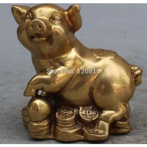 4"Marked Chinese Bronze Brass Wealth Money YuanBao Zodiac Year Animal Pig Statue