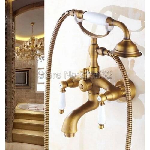 Antique Brass Wall Mount Bathroom Clawfoot Bath Tub Faucet With Handheld Shower Head Cold Hot Mixer Tap ltf314