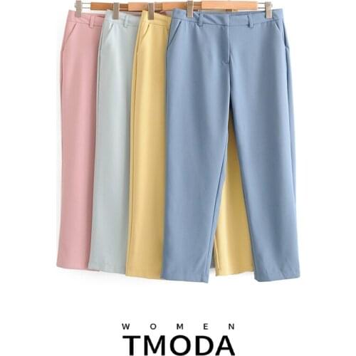 TMODA621 Women 2021 Chic Fashion Office Wear Suit Pants Vintage Zipper Fly Side Pockets Female Ankle Trousers Pantalones Mujer