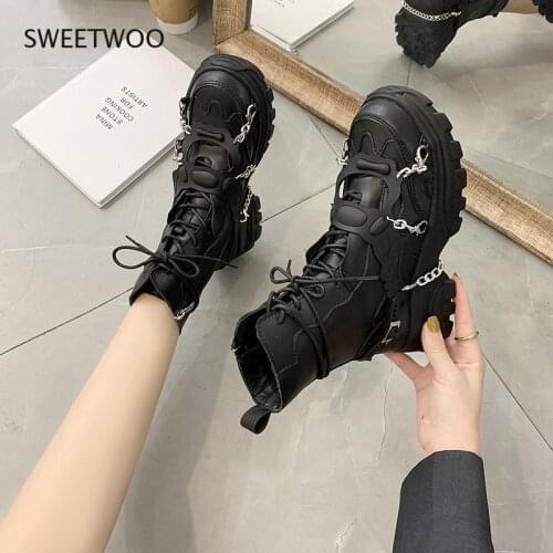 2021 Women Leather Ankle Boots Ladies Heel Worker Army Black Gothic Shoes Autumn Chain Sexy High Quality